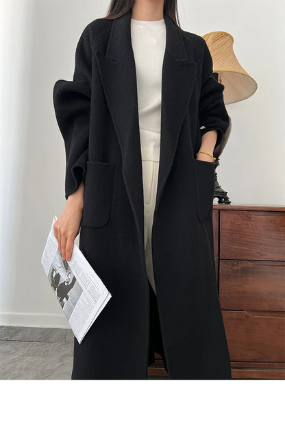 Office Lady Woolen Jackets 2024 Autumn And Winter Bathrobe Style Pocket Double-Sided Loose Lace -Up Tie Women's Long Wool Coats