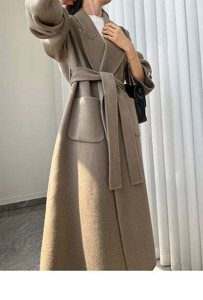 Office Lady Woolen Jackets 2024 Autumn And Winter Bathrobe Style Pocket Double-Sided Loose Lace -Up Tie Women's Long Wool Coats
