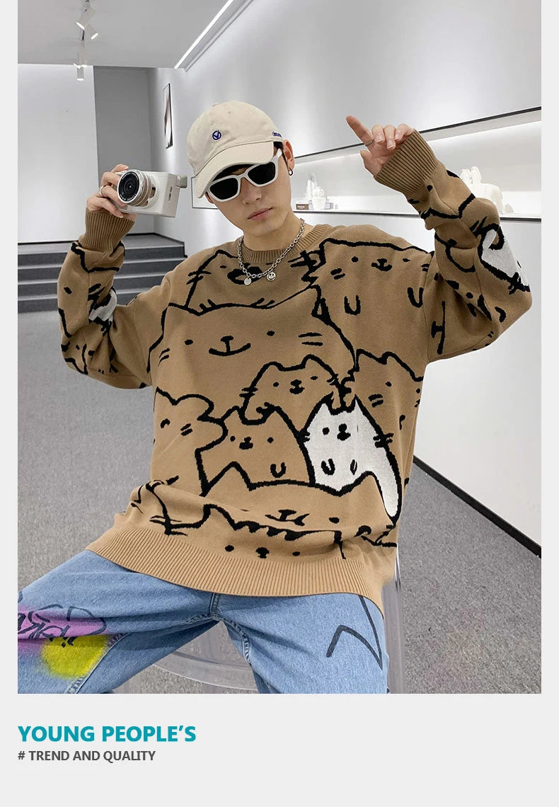 Autumn Cotton Anime Sweaters Men Retro Harajuku Vintage Oversized Sweaters Loose Cute Cartoon Cat Pullovers Homme Men Clothing