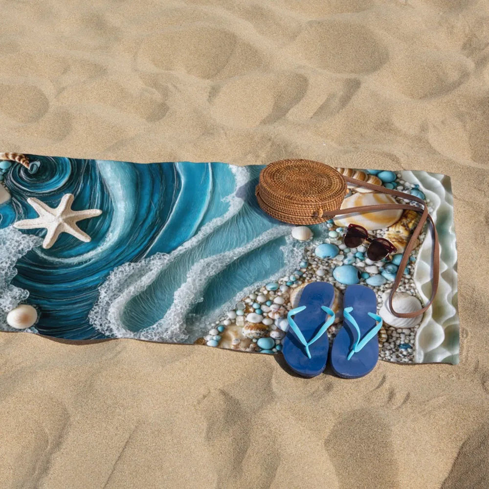 Beach Towel with Ocean Waves and Seashells - Dive into Summer! Suitable for towels, bath towels, beach towels