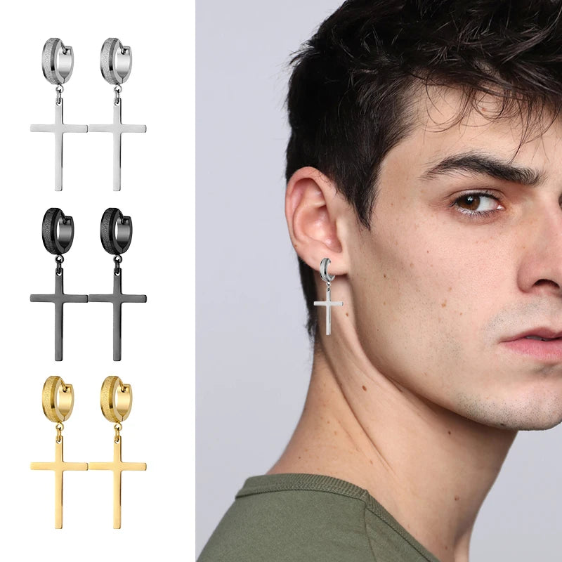 Punk Stainless Steel Frosting Hoop Earrings Design Women Men Pierced Cross Ear Jewelry Accessories Party Dangle Earring