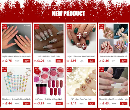 24pcs French Rainbow Fake Nails Simple Almond False Nails Art Waterproof Removable Artificial Press on Nail with Accessories