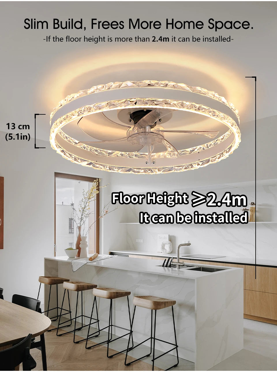 Smart Ceiling Fans With Light Slim Build Dimmable 6-speed Adjustment 50cm Electric Fan Silent Deco For Bedroom Study Dining Room