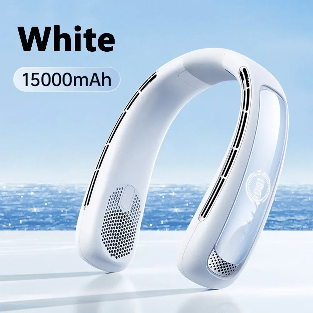 15000mah Portable Neck Fan Smart Digital Display USB Rechargeable Outdoors Bladeless Silent Cooling Neck Fan For Summer Sport