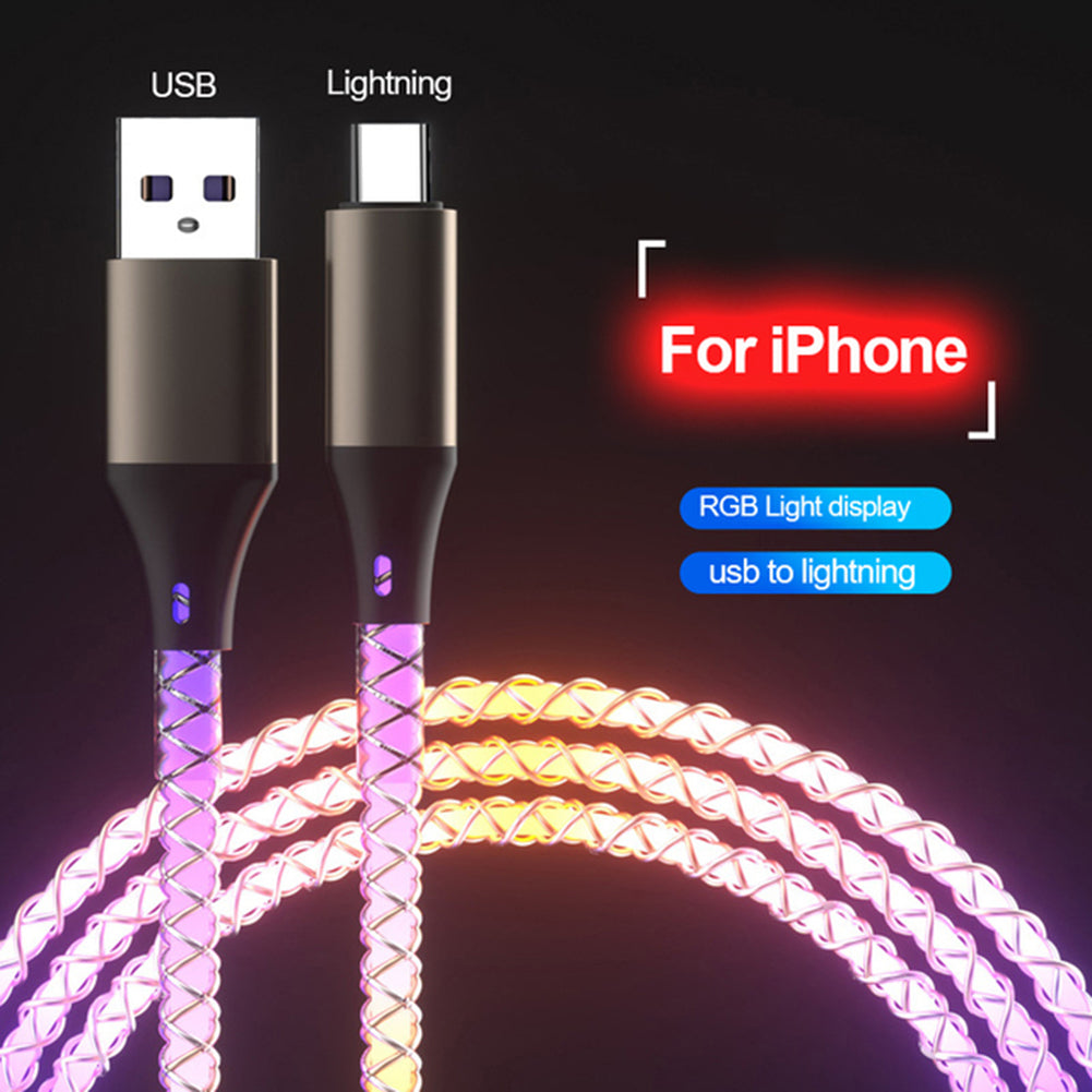 3 in 1 Glowing LED Light 6A 66W Fast Charging Micro USB Type C Cable For iPhone Samsung Xiaomi Redmi Phone Charger USB Cable