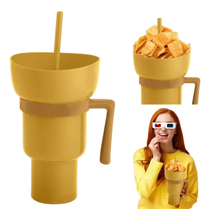 2 in 1 Popcorn Beverage Cup Snack 1000ML Straw Cup with Handle Water Bottles with Straw Coffee Cup Mug Leak-Proof For Kids Adult