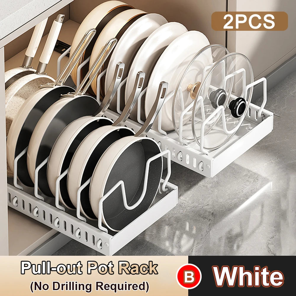 Pull out Pots and Pans Organizer Sliding Pot Lid Holder Kitchen Spice Rack Tableware Organizer Multifunctional Dish Drying Racks