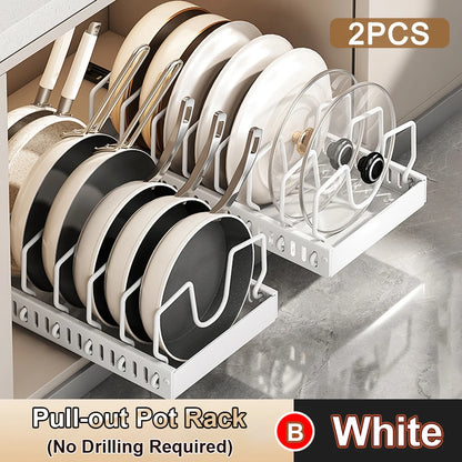 Pull out Pots and Pans Organizer Sliding Pot Lid Holder Kitchen Spice Rack Tableware Organizer Multifunctional Dish Drying Racks