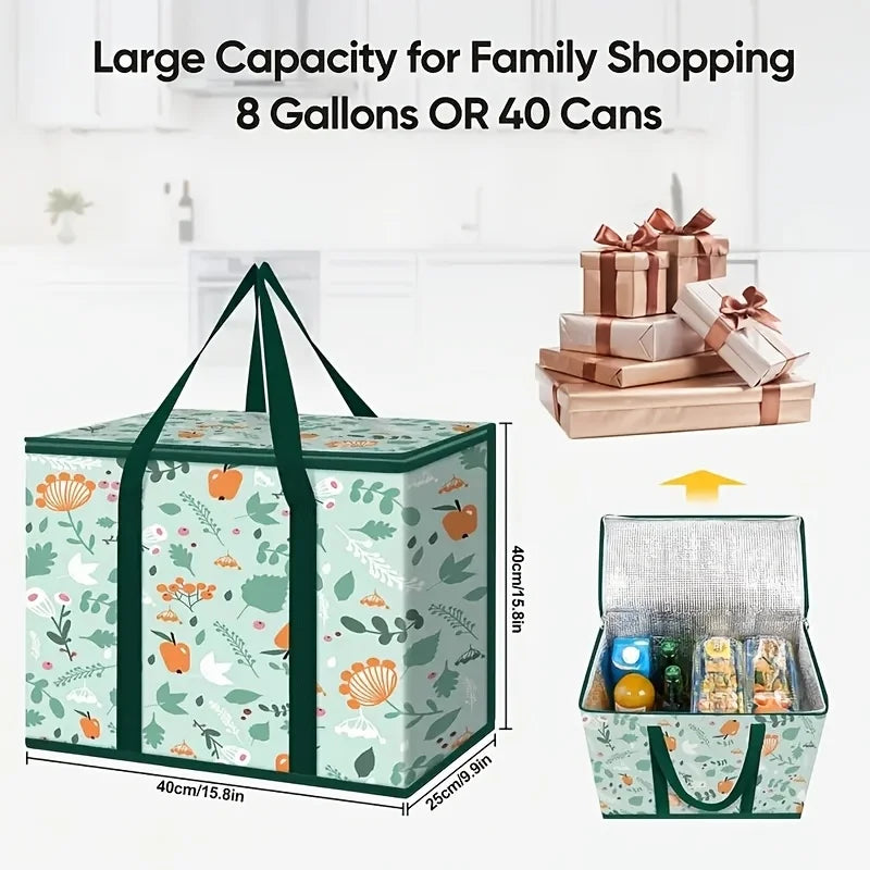 Large Reusable Grocery Bag - Keeps Food Hot/Cold for Hours, Durable Zipper Top, Spacious Interior with Storage Pockets