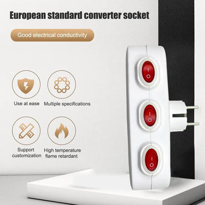 EU Electrical Sockets With ON/OFF Switch Euro Mounted 1 To 3 Way Germany Standard Extensions Adapter Power Plug Socket ﻿