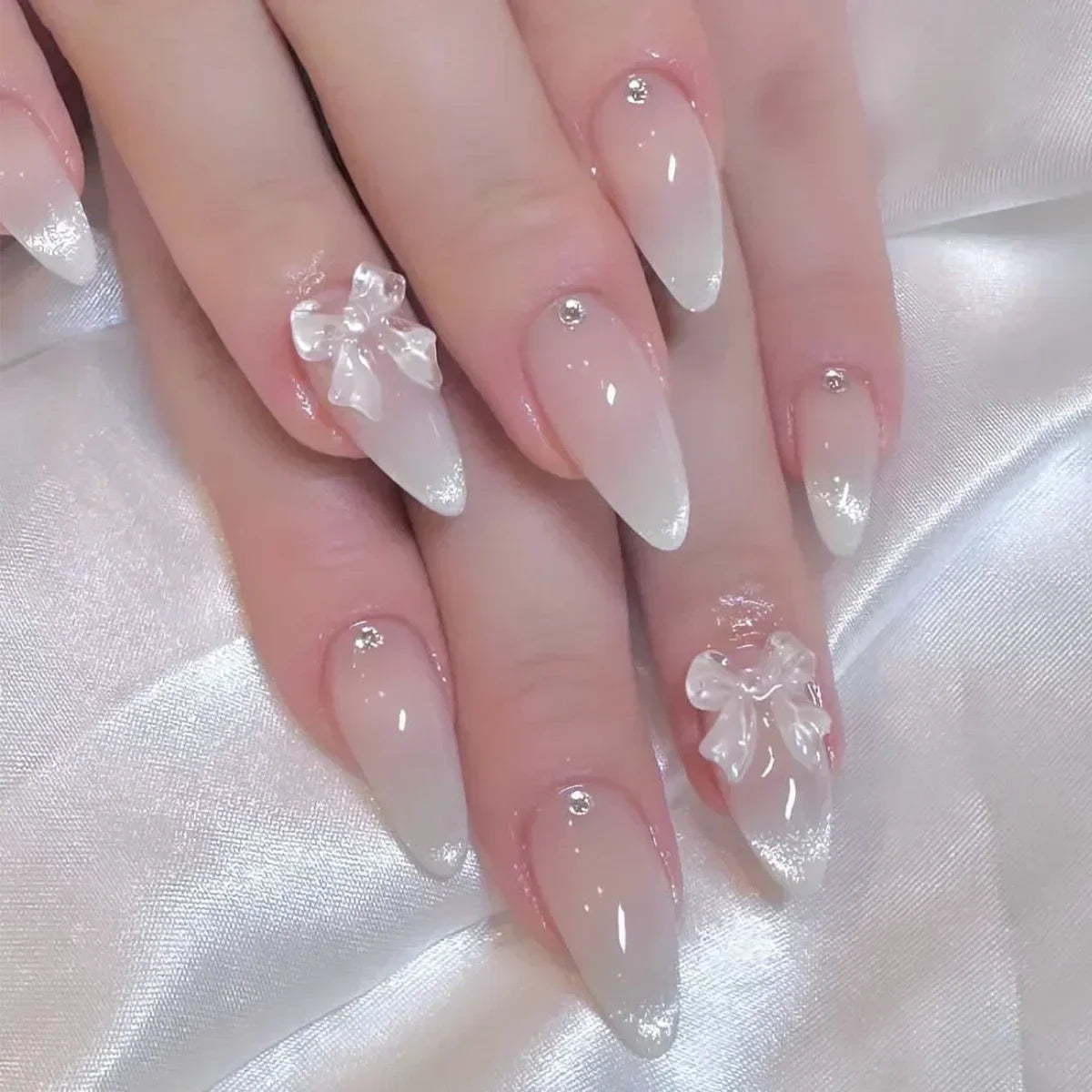 24pcs/Box Long Coffin False Nails Art Rose with Glue Wearable Nude Pink White Color Jelly Nails Tips Full Cover Press on Nails