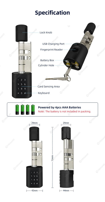 Smart Euro Cylindrical Door Lock ttlock app Keyless Security Entry Mechanical Key Waterproof fingerprint door lock For home