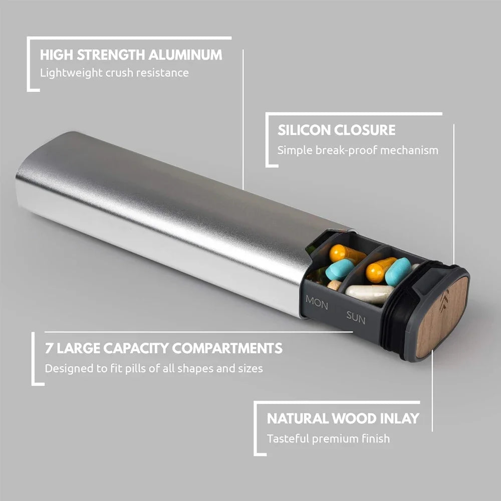 1Pcs 7 Day Weekly Pill Organizer,Premium Stylish Aluminum and Wood Large Capacity Pill Box for Supplements,Vitamins and Medicine