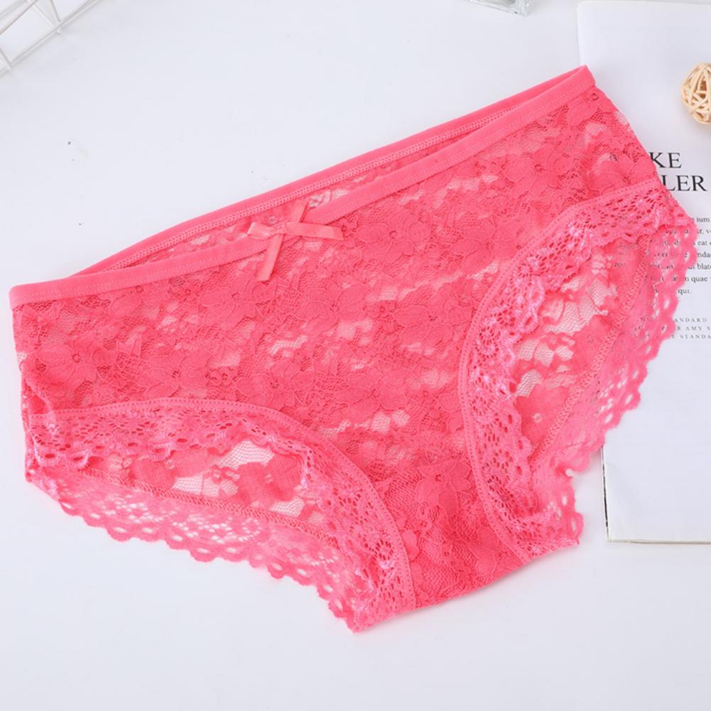 Women Panties Mid Waist Breathable Stretch Hollow Bowknot Soft See-through Lace Sexy Ladies Briefs Underpants Underwear