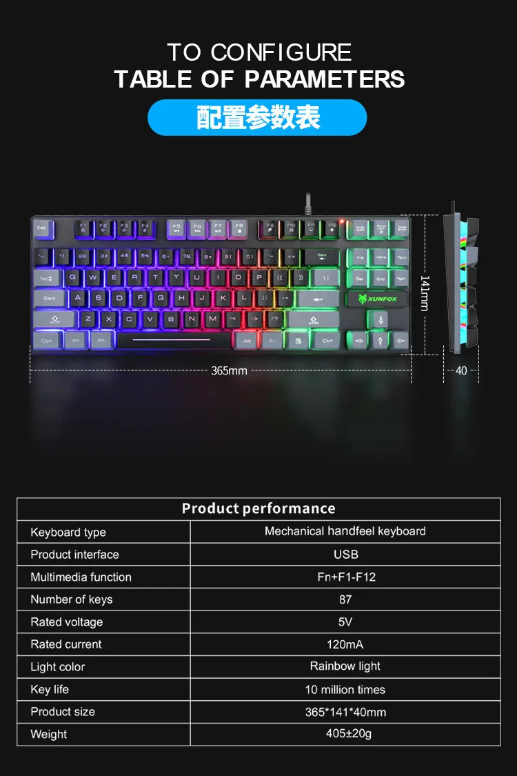 Keyboard 87 Keys 80% Layout Spanish Russian Korean Arabic Gaming Keyboard USB Wired RGB Light Float Keycap Ergonomics Design K10