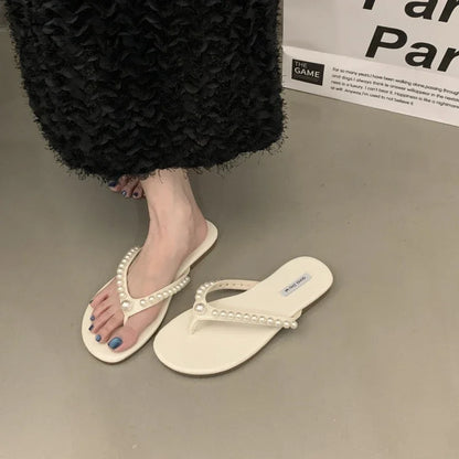 Woman Fashion Flip Flops 2025 Summer New Korean Style Soft Bottom Anti-slippery Versatile Princess Beading Simple Beach Slippers