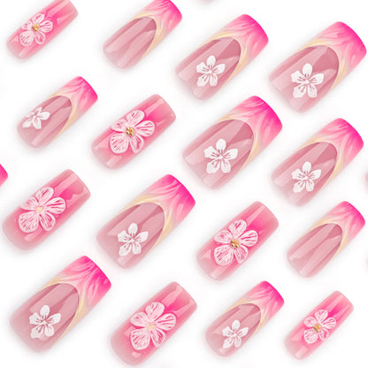 24pcs Blush Pink French Press On Nails Hand-painted White Flower Gold Ball Designs Fake Nail Short Square Korean False Nail Tips