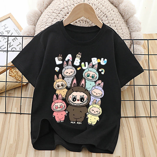 Labubu T-shirt for Children Cute Cartoon Anime Tee Top Black Short Sleeve Round Collar Clothes Fashion Kids Summer Clothing Gift