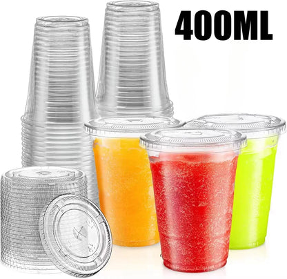 Disposable 400ml Plastic Cups with Lids Clear PET Snack and Drink Cups for Boba Milk Tea and Cold Beverages