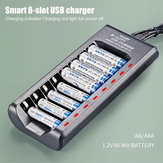 Rechargeable Battery Charger USB Output 8 Slots Fast Charging Short Circuit Protection for 1.2V NiMH AAA/AA Batteries Charger