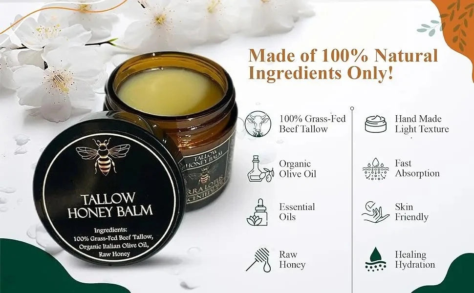 Organic Grass-Fed Beef Tallow Balm with Raw Honey - Moisturizing Cream for Soft, Smooth Skin - Handmade All-Natural Moisturizer