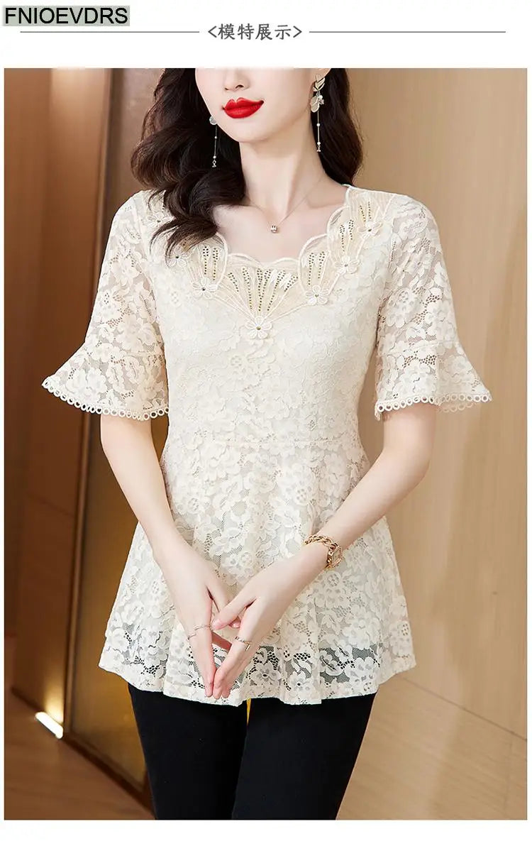 Office Shirts Basic Wear New Design 2025 Women Elegant Fashion Work Lady Bling Beaded Flare Sleeve Lace Tops Blouses