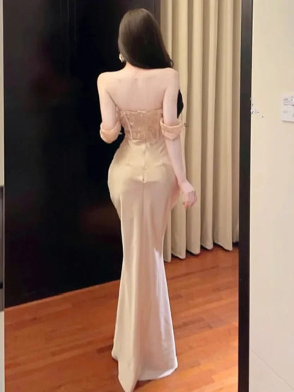 Ezgaga Women Dresses Strapless Lace Patchwork Elegant Slim Backless Temperament Slim Sexy Ladies Mermaid Dress Party Cocktail