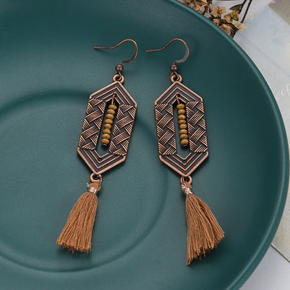 Bohemian Brown Geometric Fringe Earrings for Women Vintage Hollow Flower Beads Tassel Earrings Girls Party Jewelry Gifts