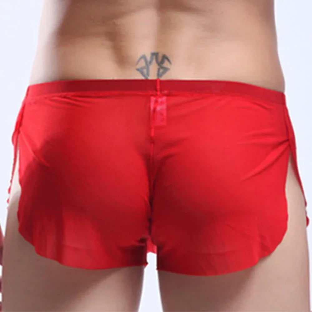 Mens Sexy Underwear Wet Look Lingerie Breathable Pouch Boxer Shorts Side Split Trunks Quick Dry Underpants Ultra Thin Panties