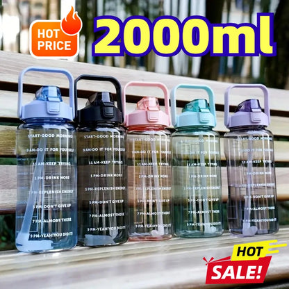 2L Large Capacity Plastic Straw Water Bottle with Time Marker Leak-Proof Design for Outdoor Sports Fitness Travel Hydration Cup