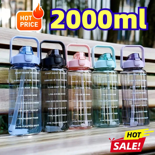 2L Large Capacity Plastic Straw Water Bottle with Time Marker Leak-Proof Design for Outdoor Sports Fitness Travel Hydration Cup
