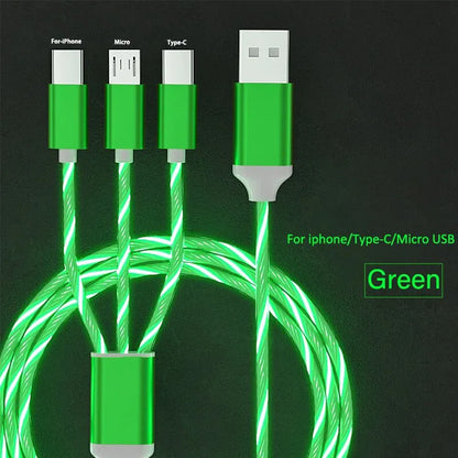 3 in 1 Glowing LED Light 3A Fast Charging Micro USB Type C Cable For iPhone Samsung Xiaomi Redmi Phone Charger USB Cable