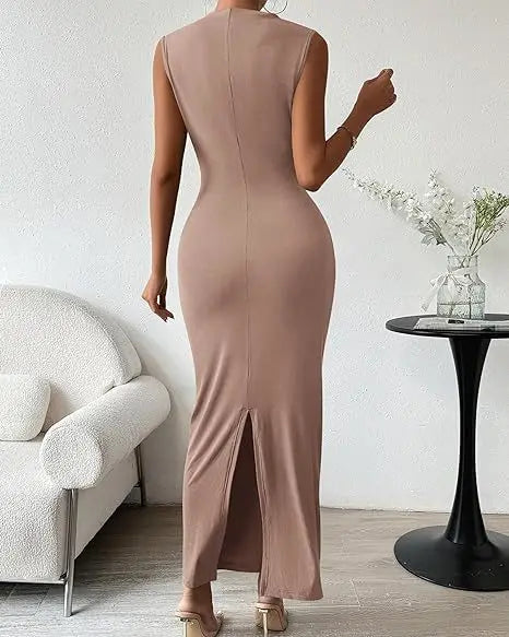 Women's Ruched Bodycon Dress Summer Casual Sleeveless Back Slit Elegant Club Evening Party Cocktail Maxi Dresses