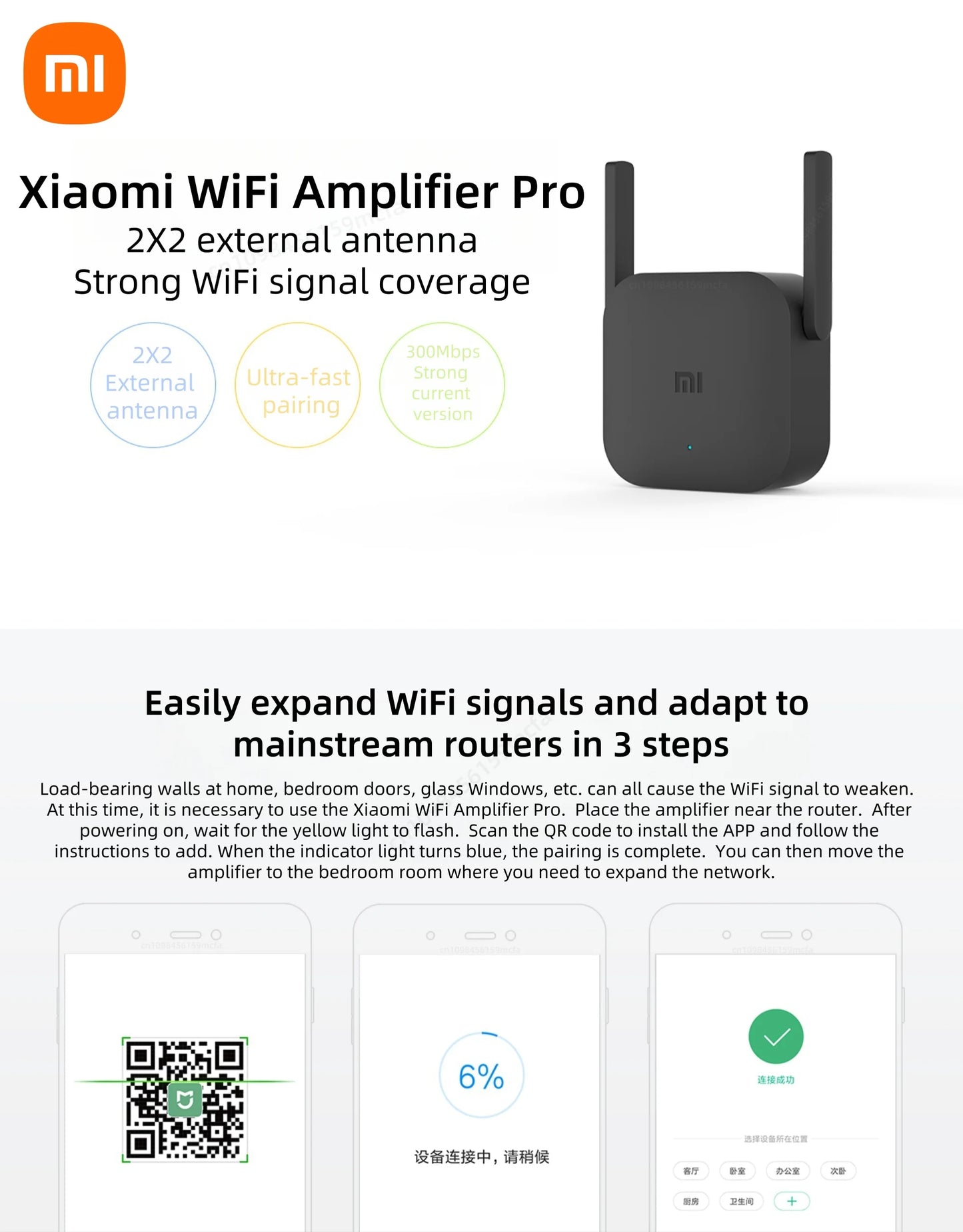 New Original Xiaomi Wifi Amplifier Pro 300M 2.4G Repeater Network Expander Range Extender Roteader Mi Wireless Wi-Fi Router