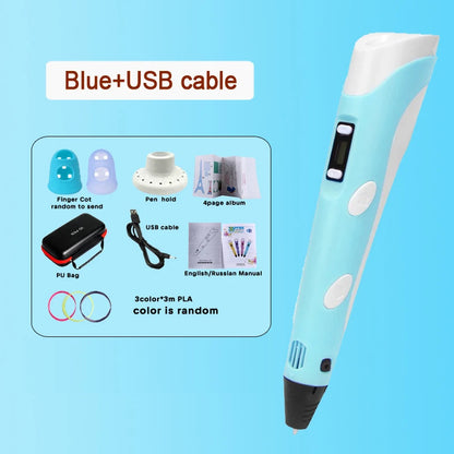 3D Printing Pen 9/50/100/200M PLA Filament LED Display With PU Case DIY Drawing Pens Stimulate Creativity Kids Toys 3D Pen