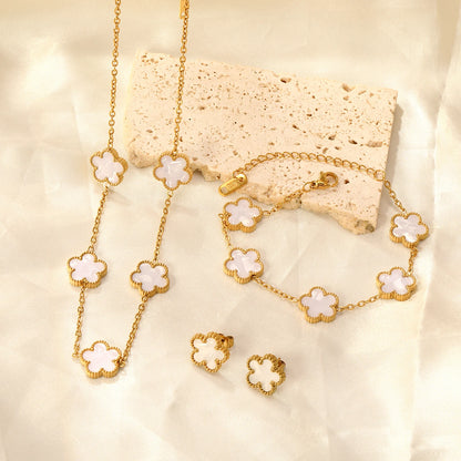 LUXUKISSKIDS Fashion Flower Necklace Earrings Set Jewelry Women Stainless Steel White Shell Clover Bracelet Jewelry Accessories
