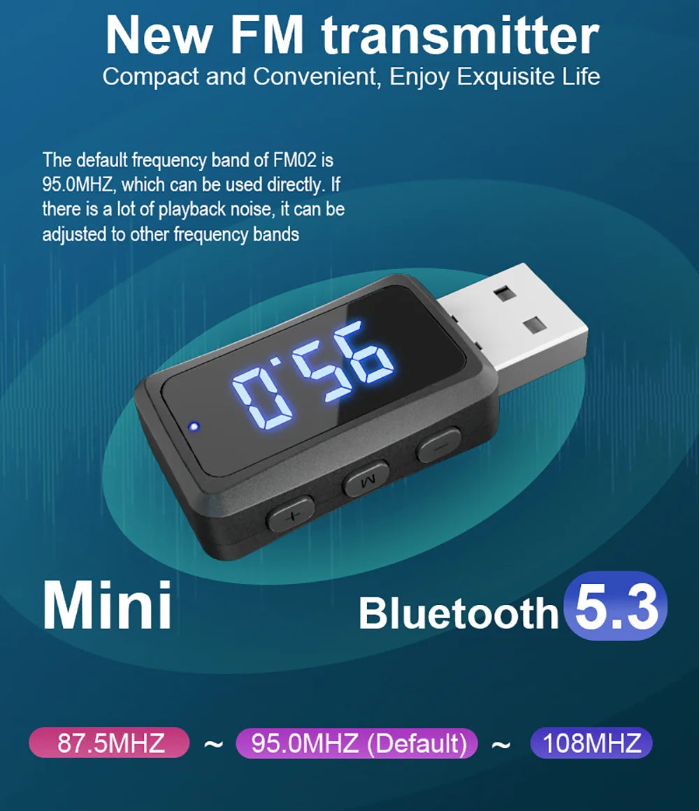 Car Bluetooth 5.3 FM02 Mini USB Transmitter Receiver with LED Display Handsfree Call Car Kit Auto Wireless Audio For Fm Radio