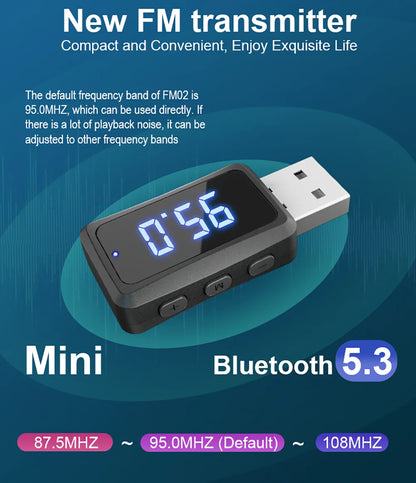 Car Bluetooth 5.3 FM02 Mini USB Transmitter Receiver with LED Display Handsfree Call Car Kit Auto Wireless Audio For Fm Radio