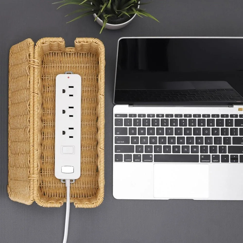 Handwoven Cable Management Box with Lid Hide Power Strip and Router Imitation Rattan Box 2 Open Slots Cord Organizer Hider Box