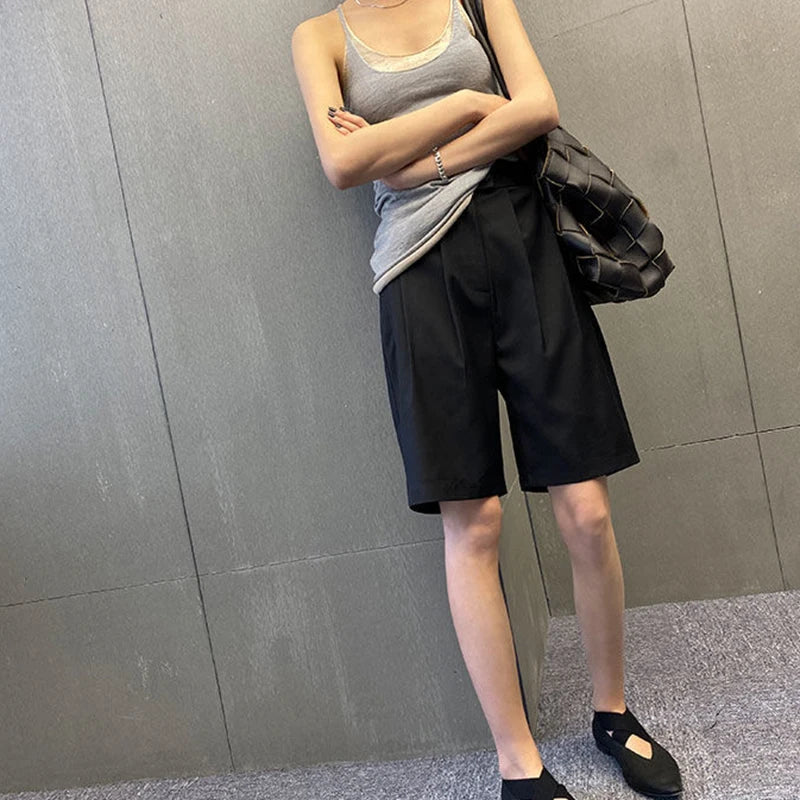 Korean Office Suits Shorts for Women Fashion Double-buttons High Waist Knee-length Pants Woman 2023 Summer Casual Short