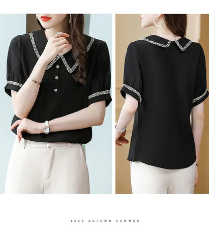 Top for Woman Office Outfits Clothing Black Women's Shirts and Blouses Chiffon Wear To Work Formal Collar Short Sleeve New 2024