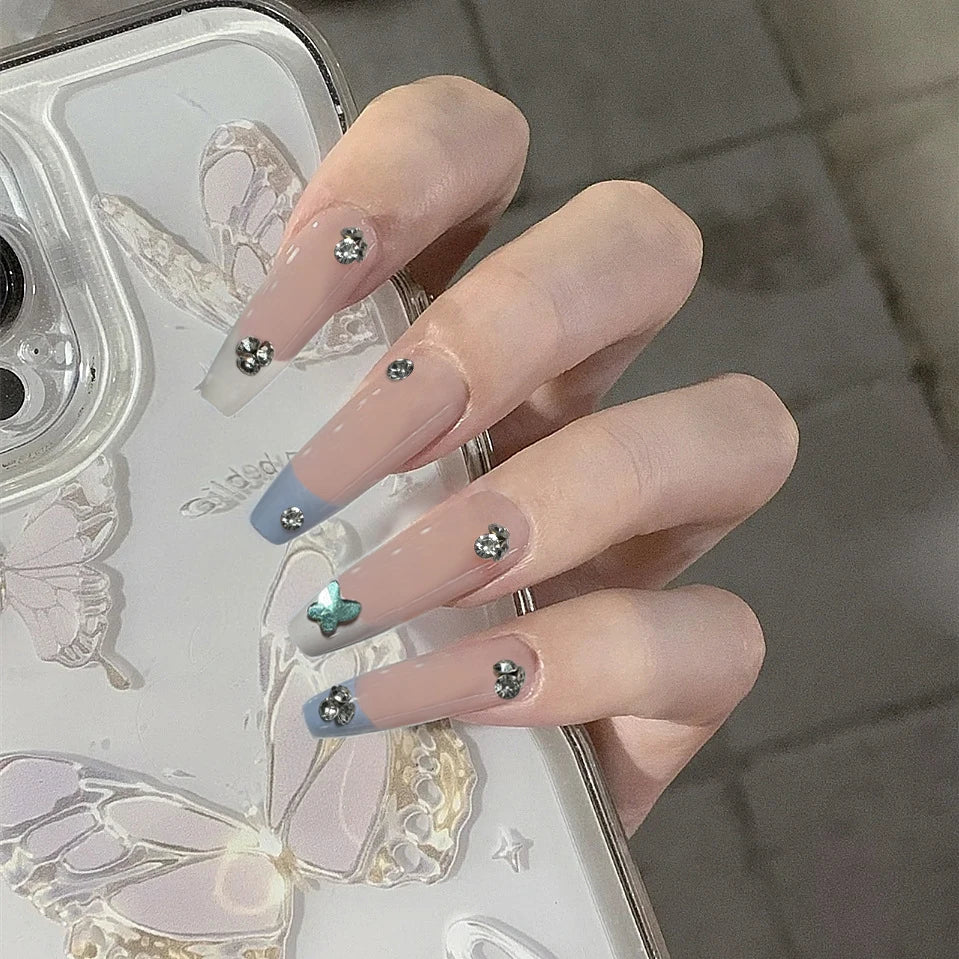 24Pcs Almond Pure Handmade Press On Nails Full Cover Butterfly French Pearl Diamond False Nails Wearable Manicure Nail Tips Art