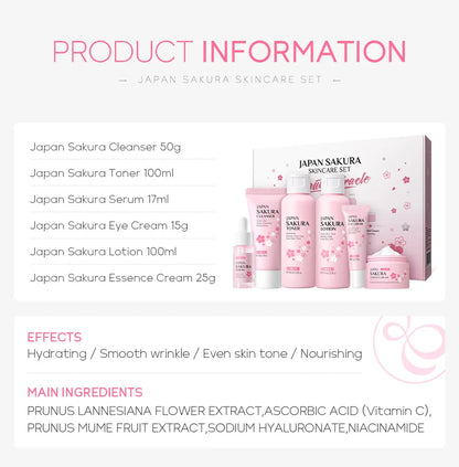 LAIKOU Sakura Skin Care Sets Facial Cleanser Eye Creams Face Cream Serum Lotion Toner Brightening Moisturizing Face Care Kit
