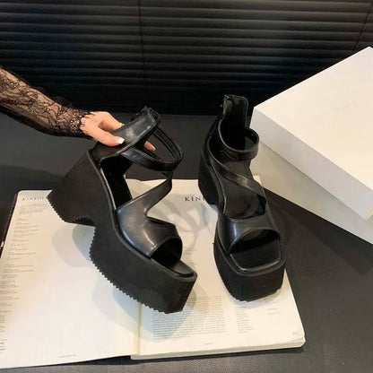 Black Gladiator Sandals Woman Platform High Heels Summer Back Zipper Shoes Punk Chunky Sandals Female Samdalias De Plataforma