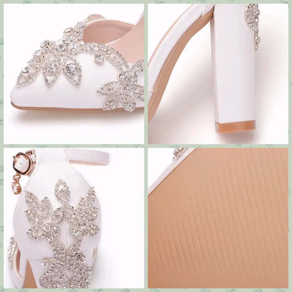 2025 Thick Heel Pointed Toe Shoes Large Size  Thick Heel Sandals Women Rhinestone Wedding Shoes Women White Wedding Shoes Drill