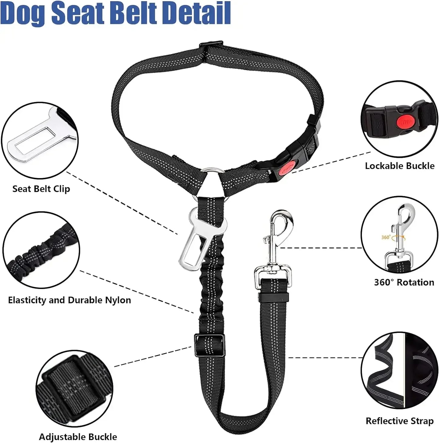 2-in-1 Dog Car Seatbelt Headrest Restraint Adjustable Reflective Pet Safety Seat Belt Clip Buckle Tether Large Medium Small Dogs