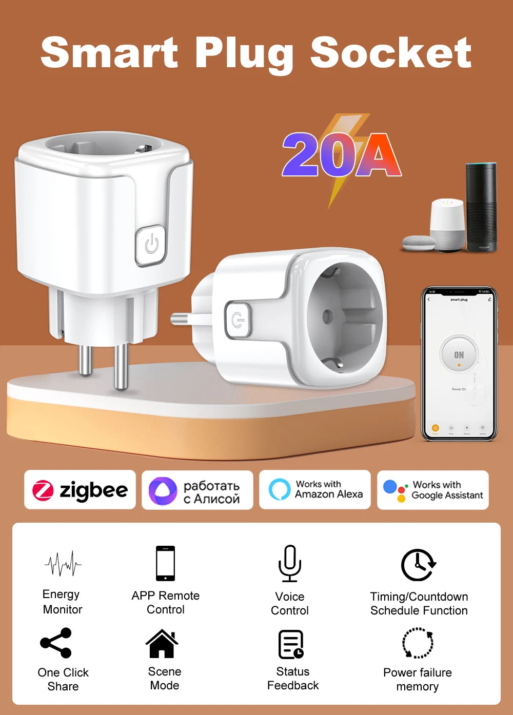 Zigbee2MQTT EU Smart Plug 20A Smart Socket With Power Monitoring Timing Function APP Voice Control Home Assistant