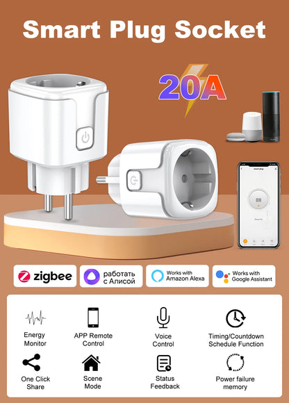 Zigbee2MQTT EU Smart Plug 20A Smart Socket With Power Monitoring Timing Function APP Voice Control Home Assistant