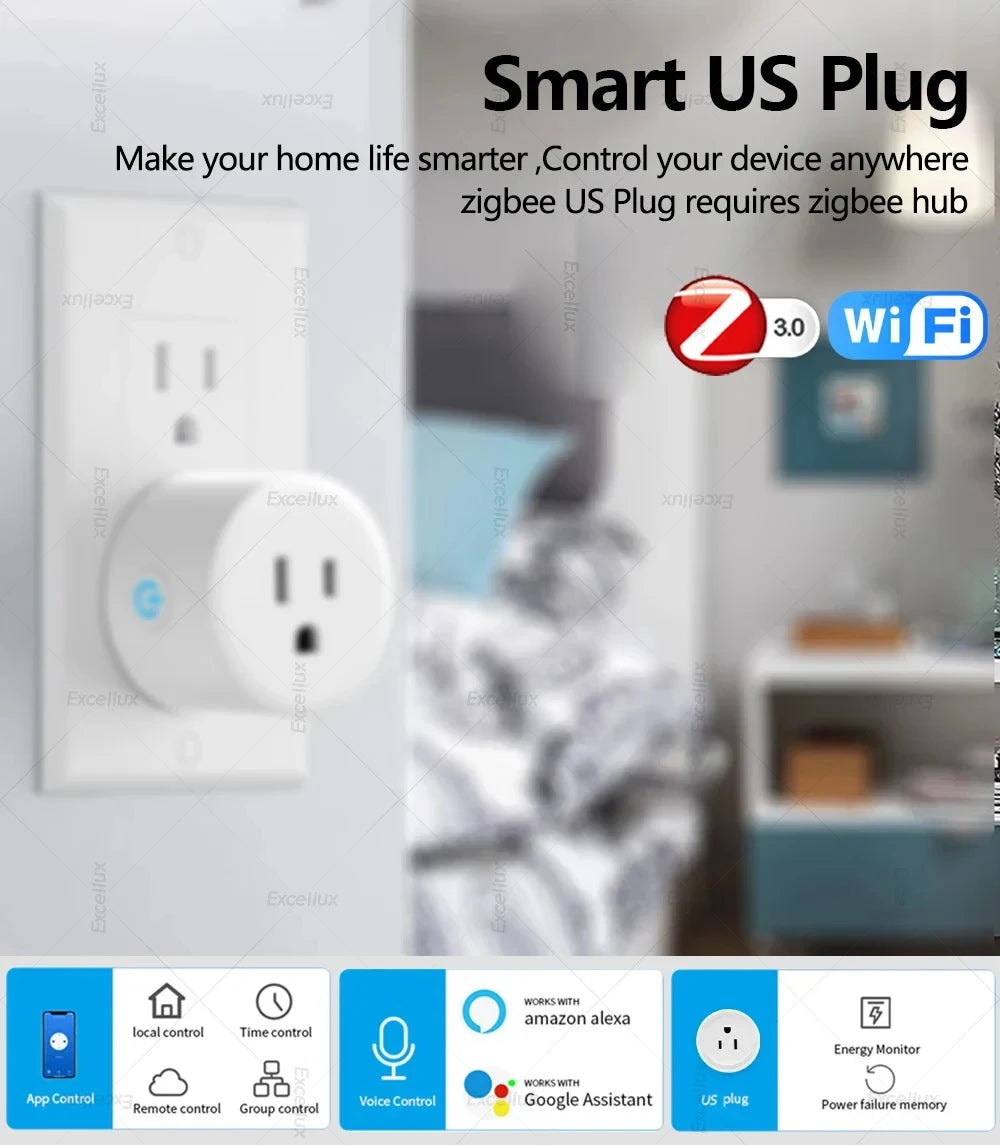 Zigbee 3.0 Smart Socket US Plug 16A With Power Monitoring Timing Function WiFi Outlets Works With Alexa Home Assistant