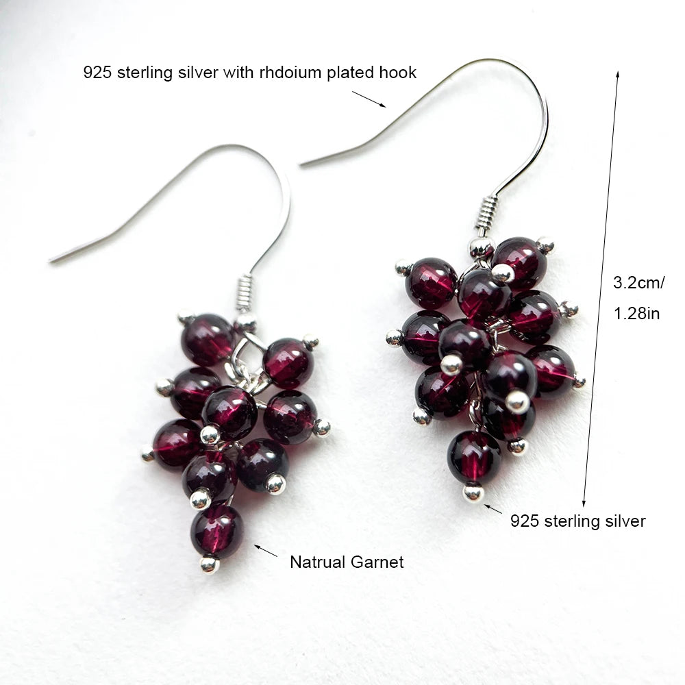Cute Cluster Natrual Garnet Beads Dark Red Grape 925 Sterling Silver Hook Drop Dangle Earrings For Women Girls Jewelry Handmade